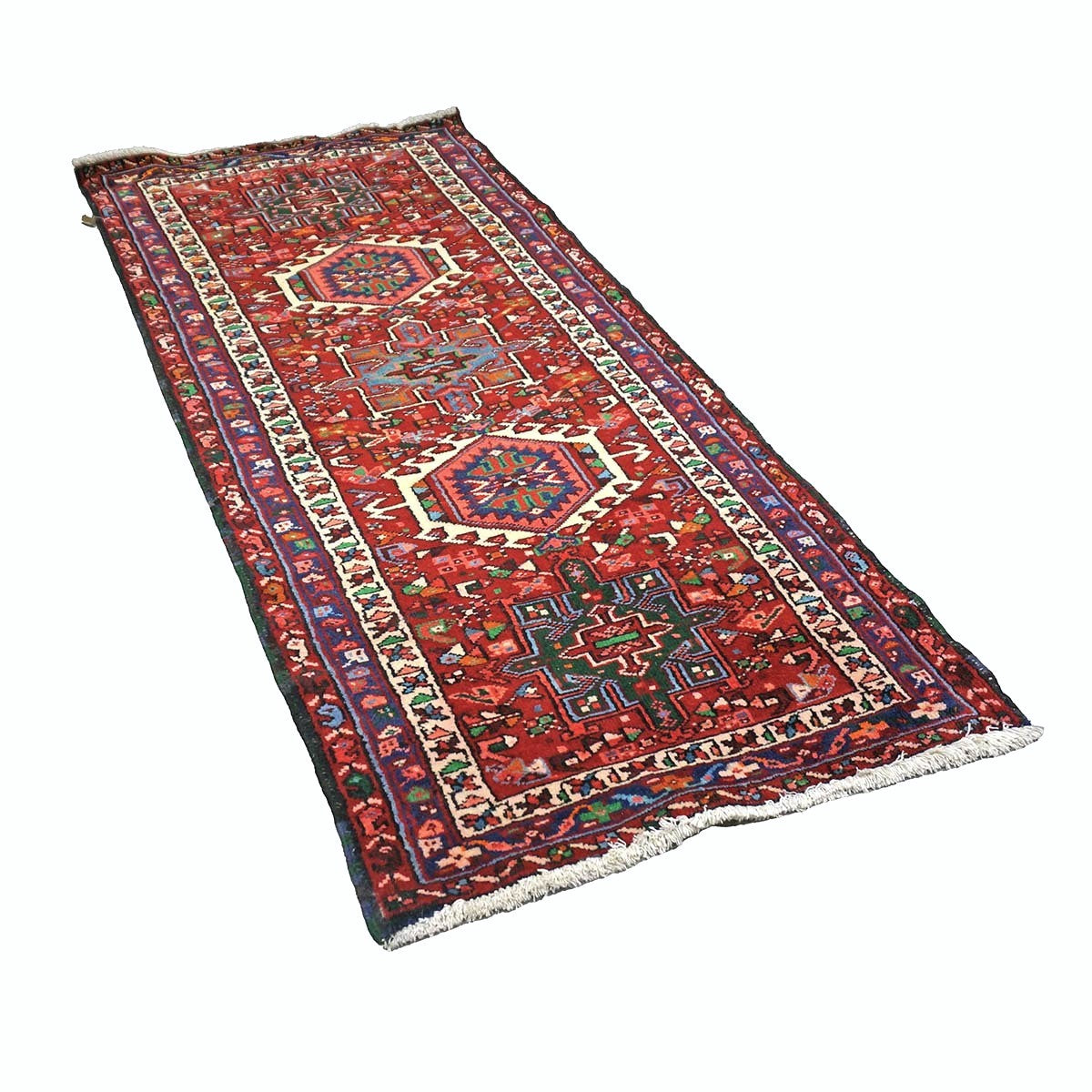 Persian Karajeh Wool 3x7 Red, Ivory & Blue Handmade Runner Rug #9900992