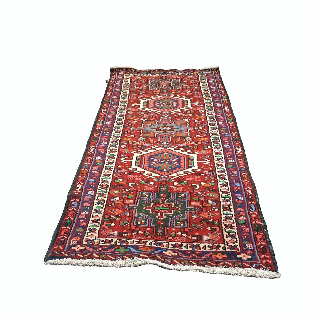 Persian Karajeh Wool 3x7 Red, Ivory & Blue Handmade Runner Rug #9900992