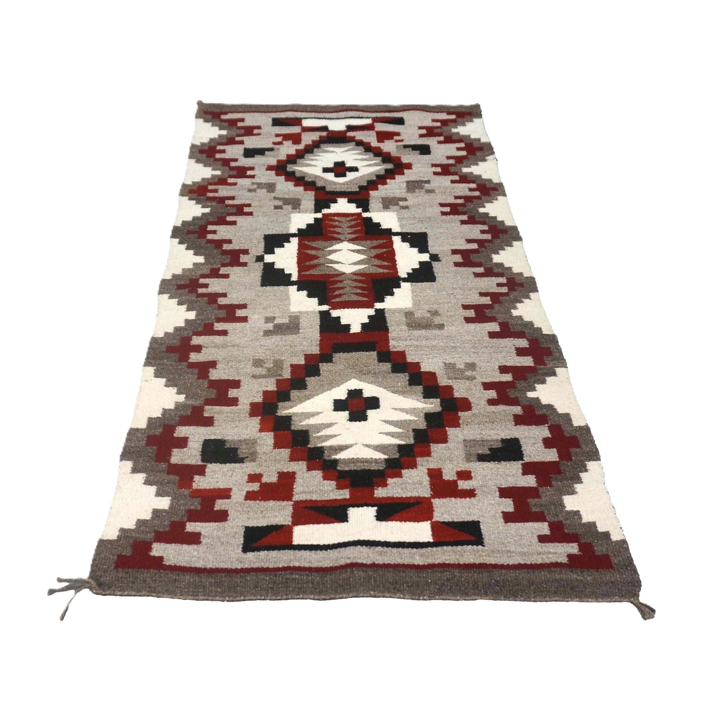Vintage American Indian Navajo Wool Flatweave 3x5 Grey, Ivory & Red Handmade Area Rug # 9901102