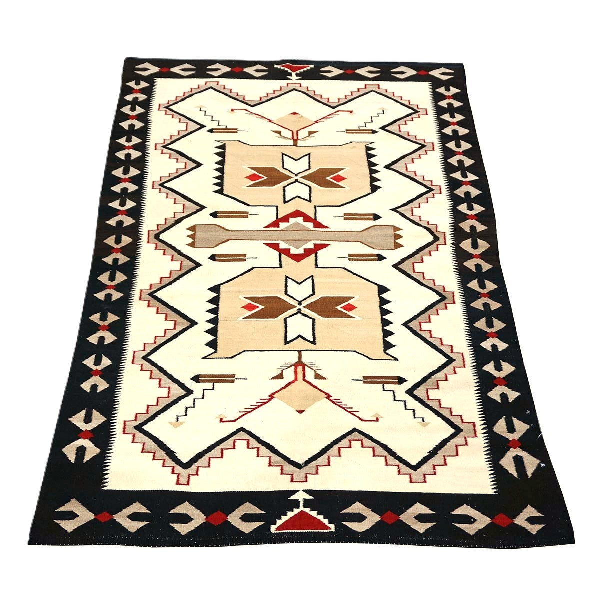 Antique Navajo Indian Pos Tec Nec Wool 4x6 Ivory & Black Handmade Area Rug #9901104