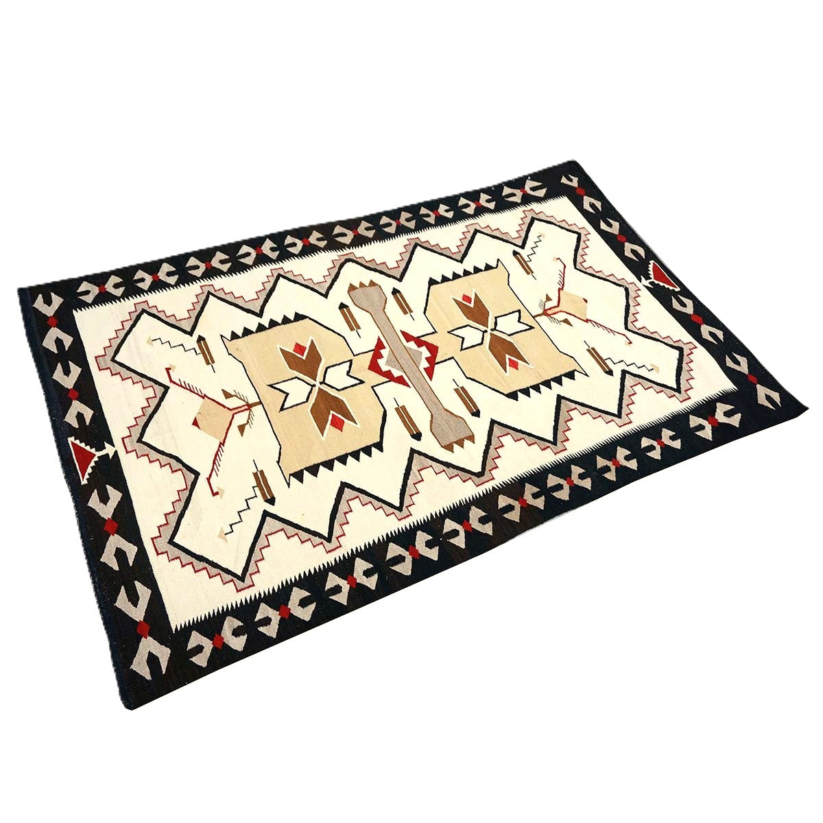 Antique Navajo Indian Pos Tec Nec Wool 4x6 Ivory & Black Handmade Area Rug #9901104