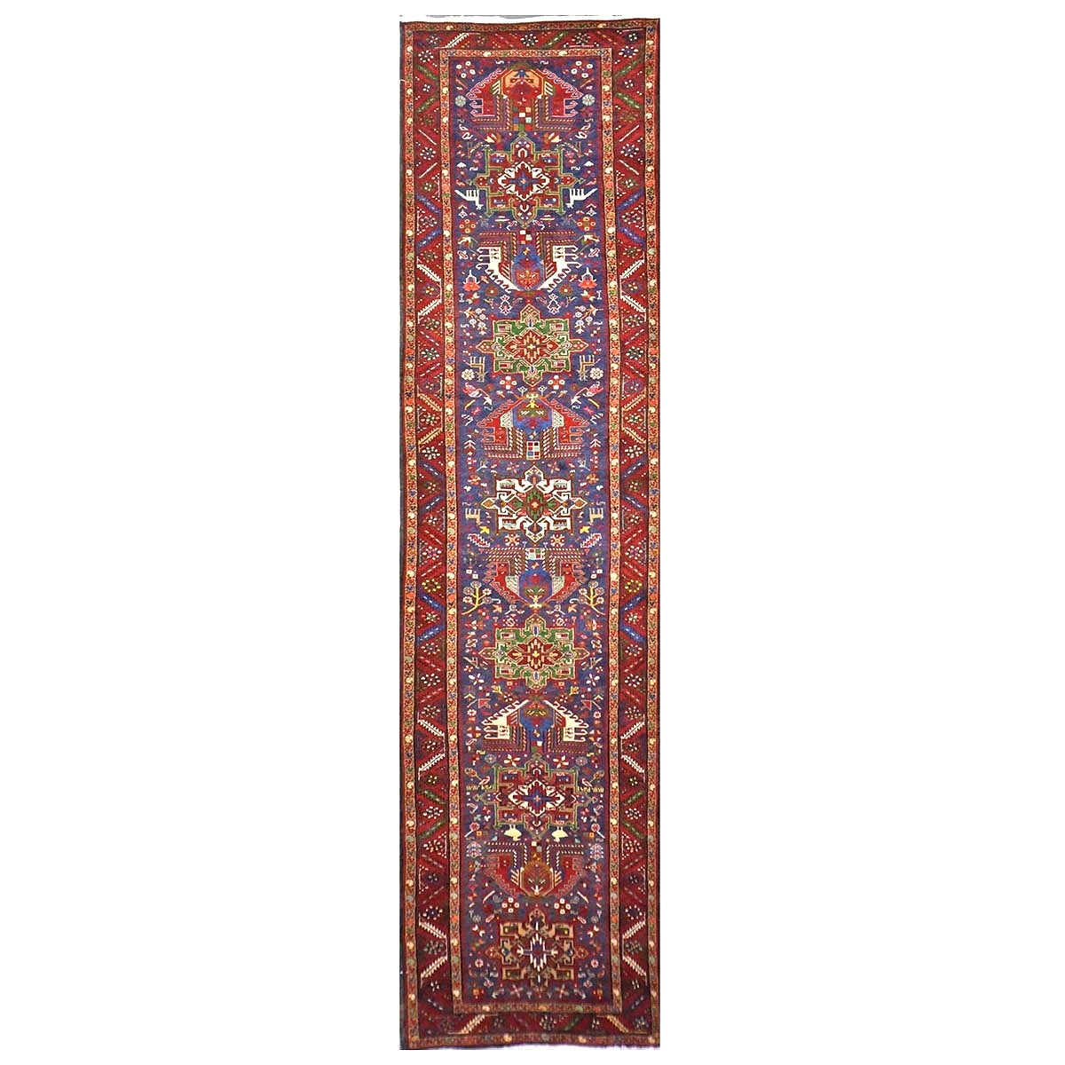 Antique Persian Heriz Wool 3x14 Red, Blue & Ivory Handmade Runner Rug #9901112