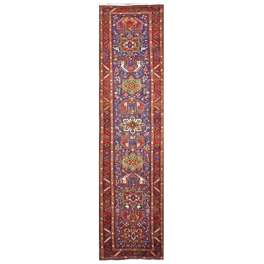 Antique Persian Heriz Wool 3x14 Red, Blue & Ivory Handmade Runner Rug #9901112