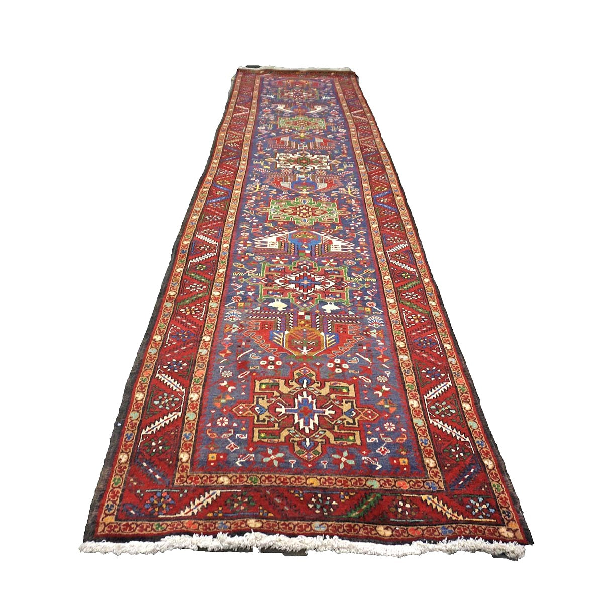 Antique Persian Heriz Wool 3x14 Red, Blue & Ivory Handmade Runner Rug #9901112