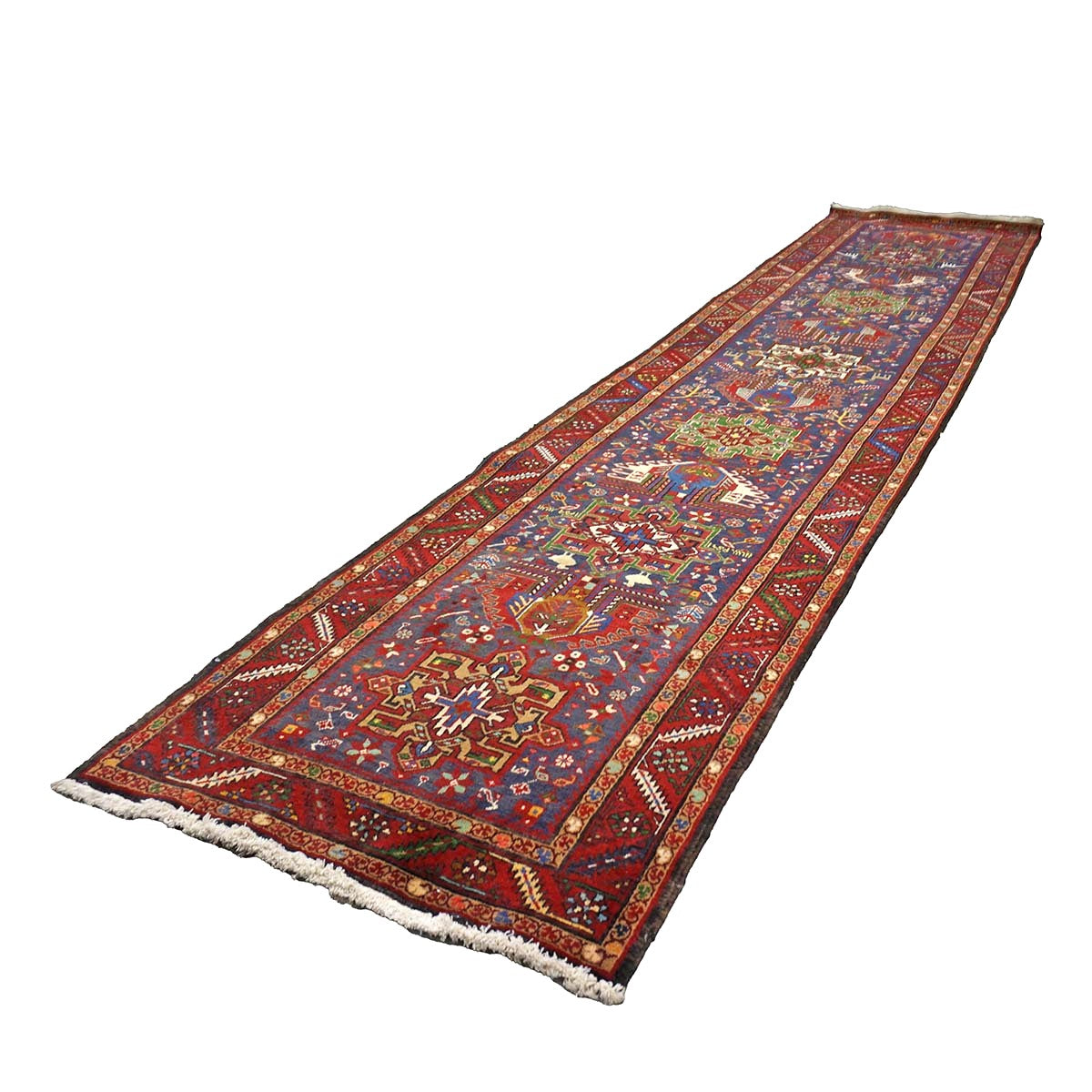 Antique Persian Heriz Wool 3x14 Red, Blue & Ivory Handmade Runner Rug #9901112