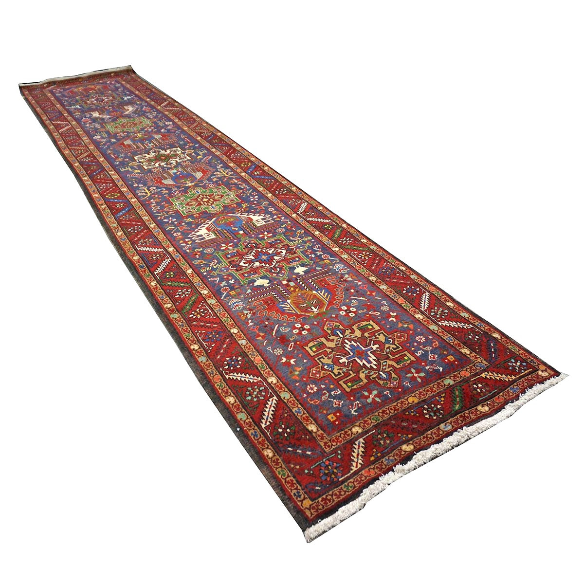 Antique Persian Heriz Wool 3x14 Red, Blue & Ivory Handmade Runner Rug #9901112