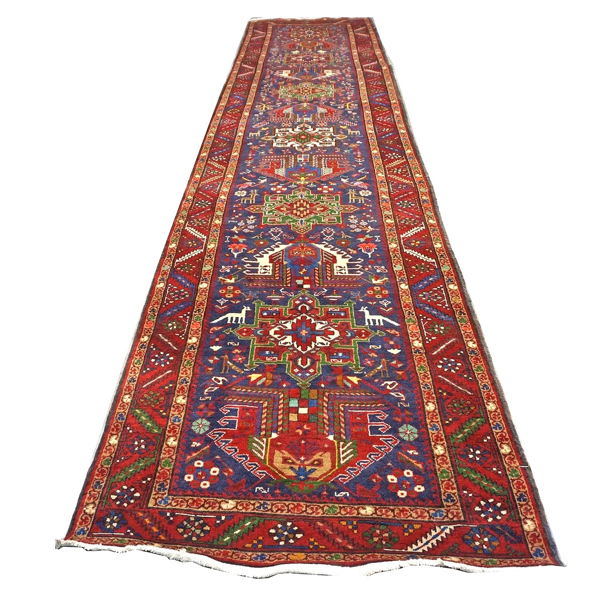 Antique Persian Heriz Wool 3x14 Red, Blue & Ivory Handmade Runner Rug #9901112
