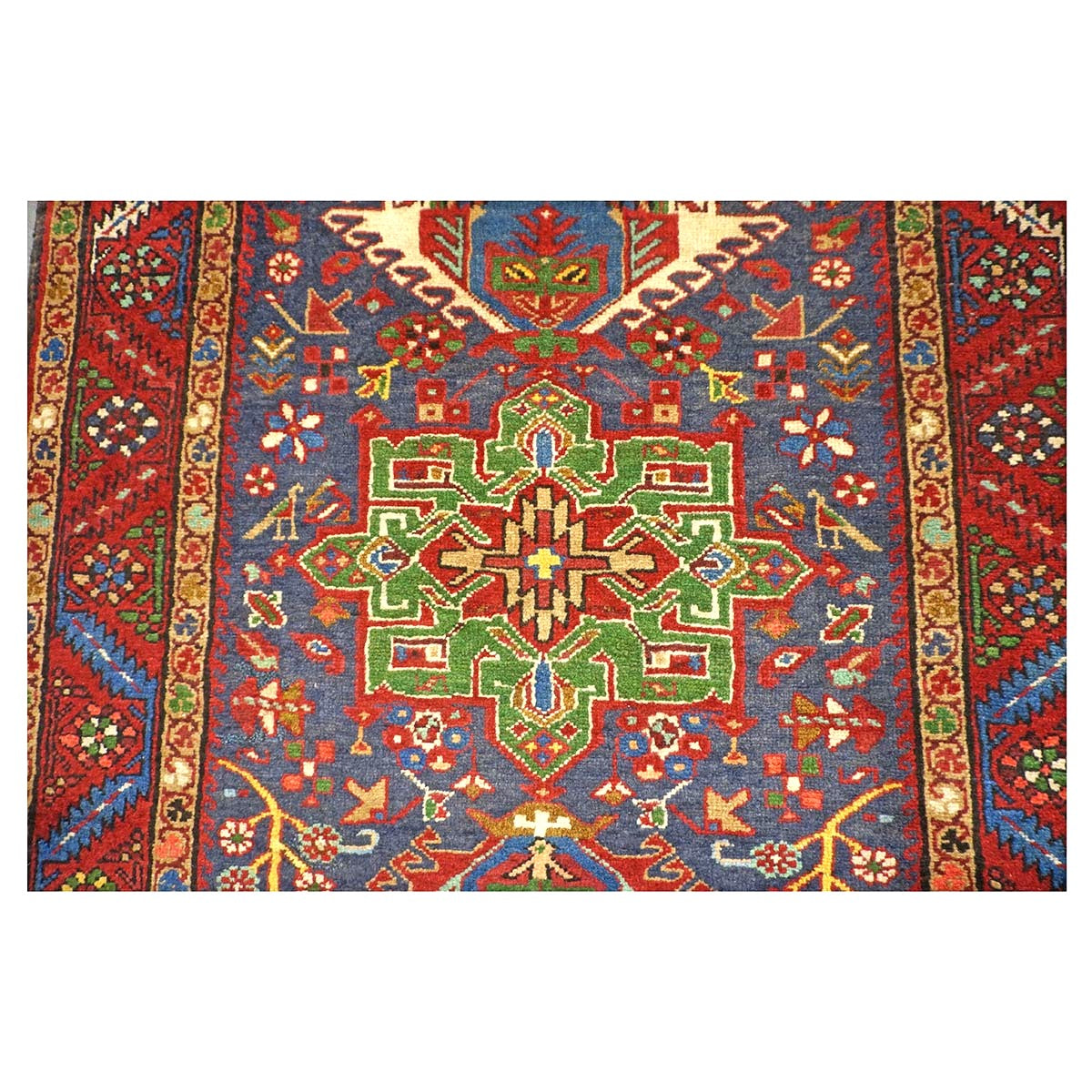 Antique Persian Heriz Wool 3x14 Red, Blue & Ivory Handmade Runner Rug #9901112