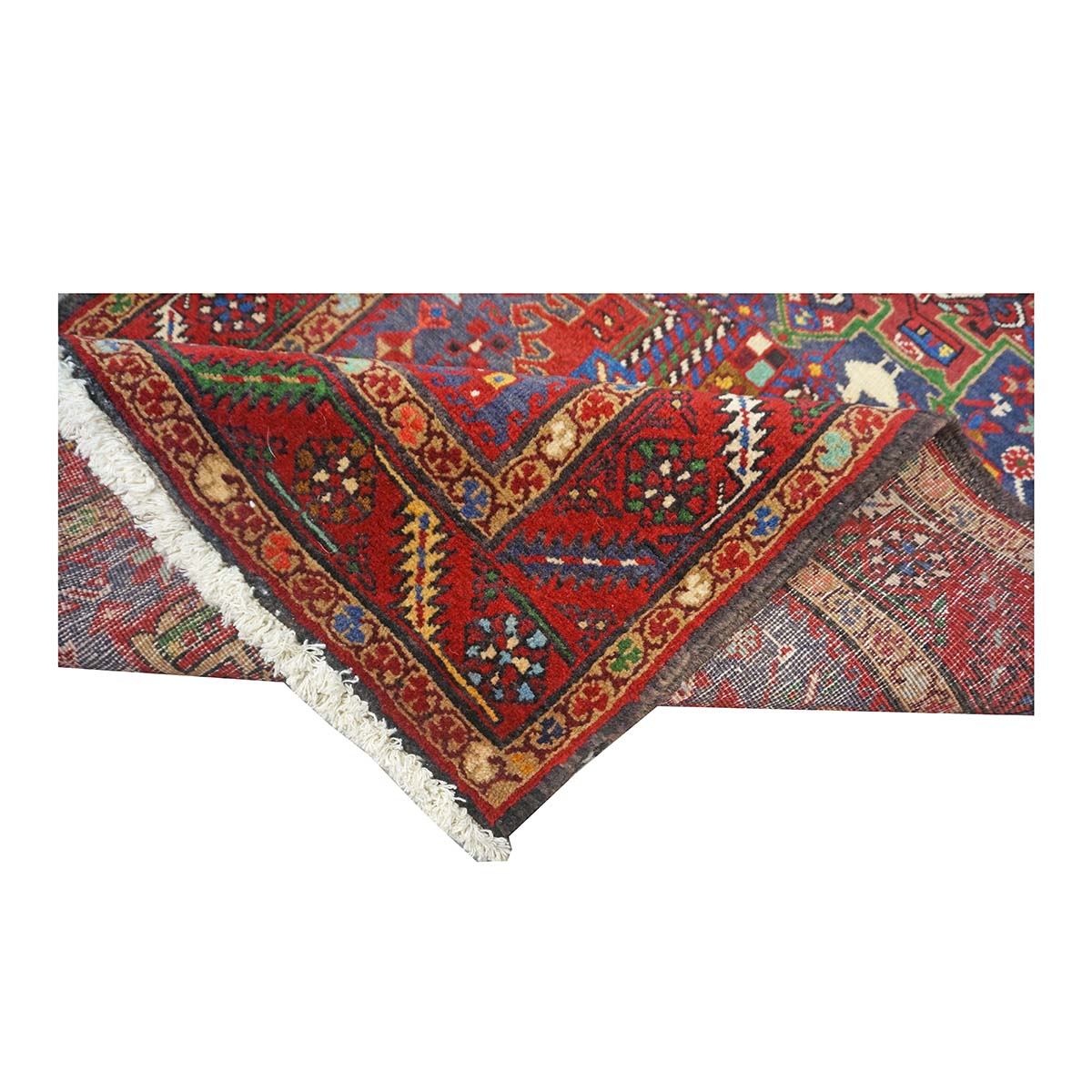 Antique Persian Heriz Wool 3x14 Red, Blue & Ivory Handmade Runner Rug #9901112