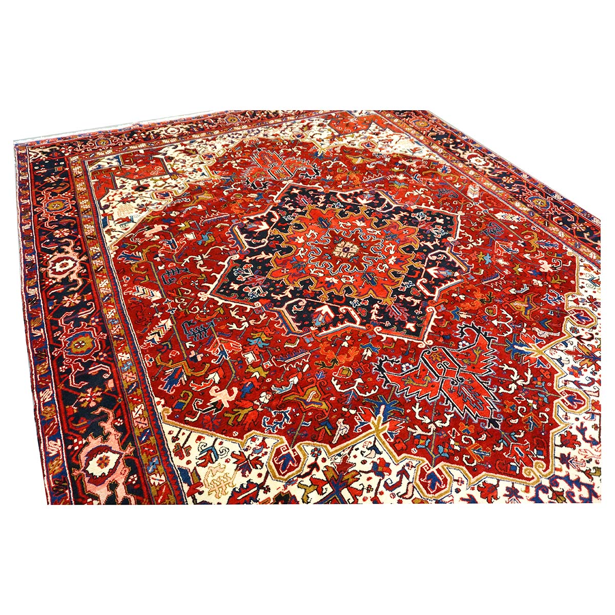 Vintage Persian Heriz Wool 10x12 Red, Ivory & Navy Handmade Area Rug #9901146