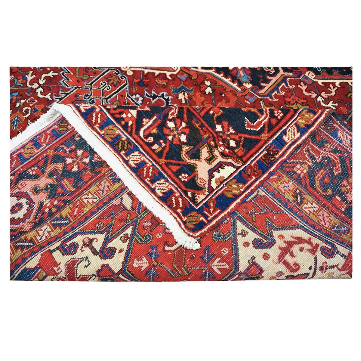 Vintage Persian Heriz Wool 10x12 Red, Ivory & Navy Handmade Area Rug #9901146