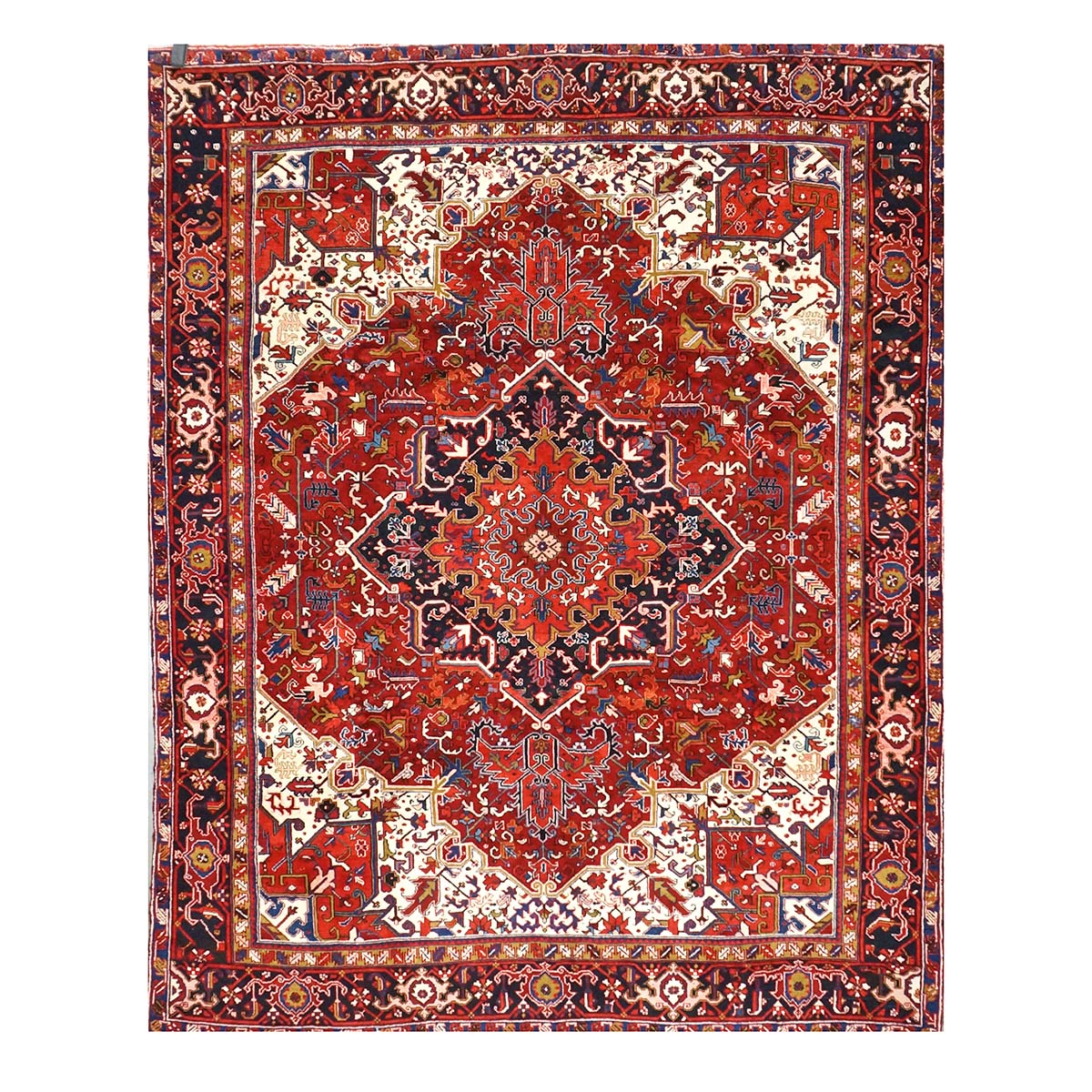 Vintage Persian Heriz Wool 10x12 Red, Ivory & Navy Handmade Area Rug #9901146