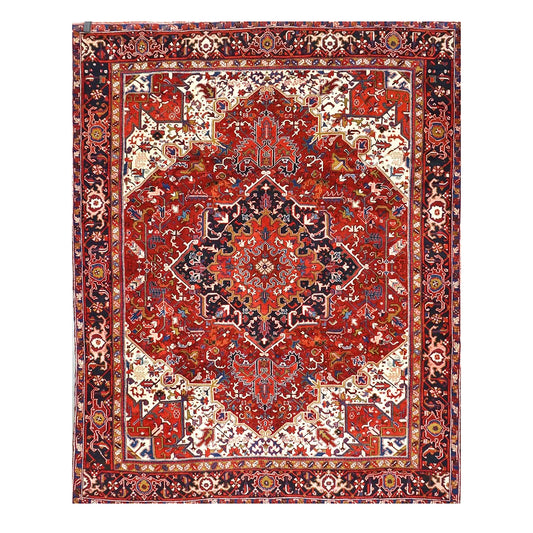 Vintage Persian Heriz Wool 10x12 Red, Ivory & Navy Handmade Area Rug #9901146