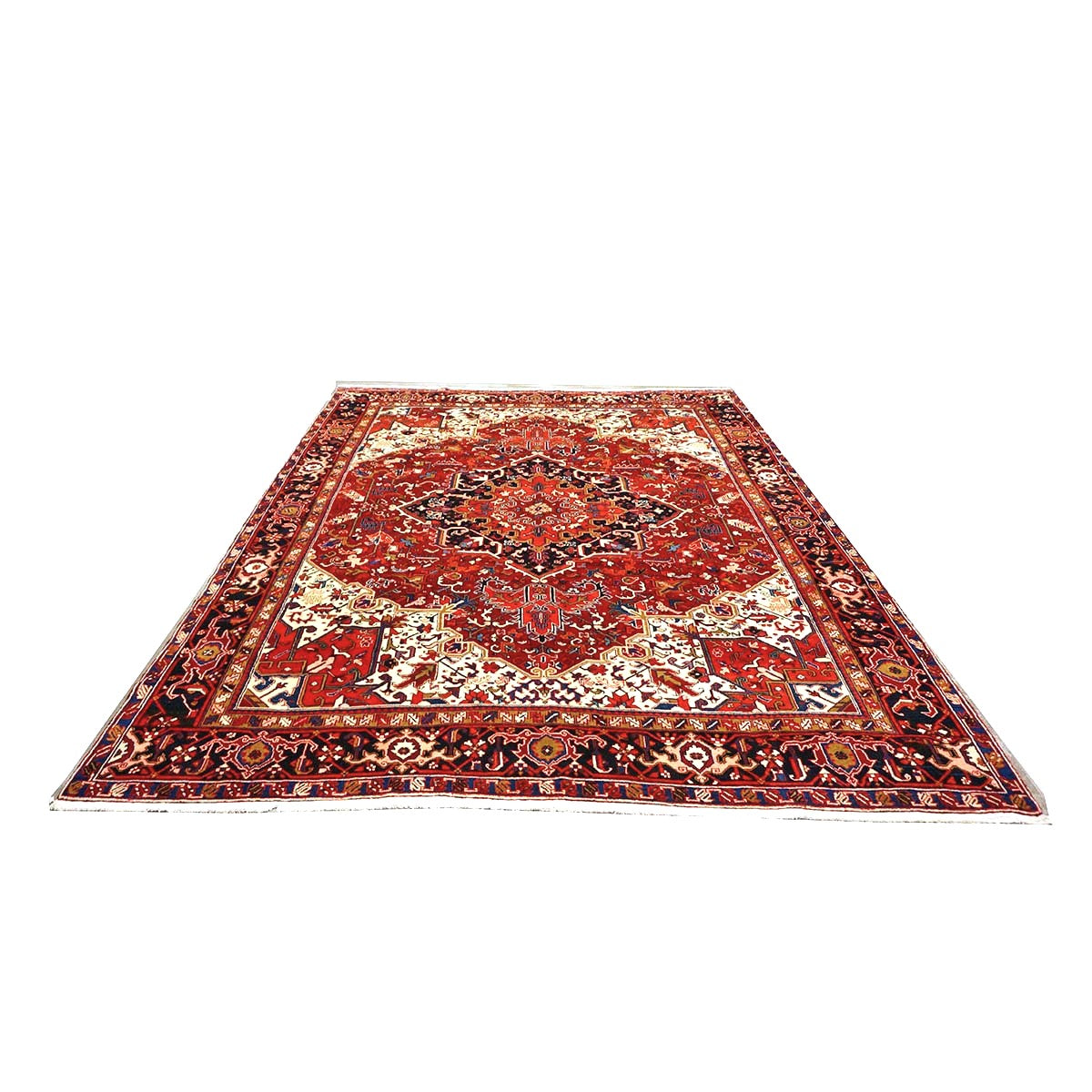 Vintage Persian Heriz Wool 10x12 Red, Ivory & Navy Handmade Area Rug #9901146