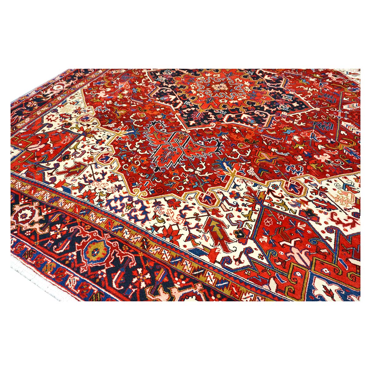 Vintage Persian Heriz Wool 10x12 Red, Ivory & Navy Handmade Area Rug #9901146