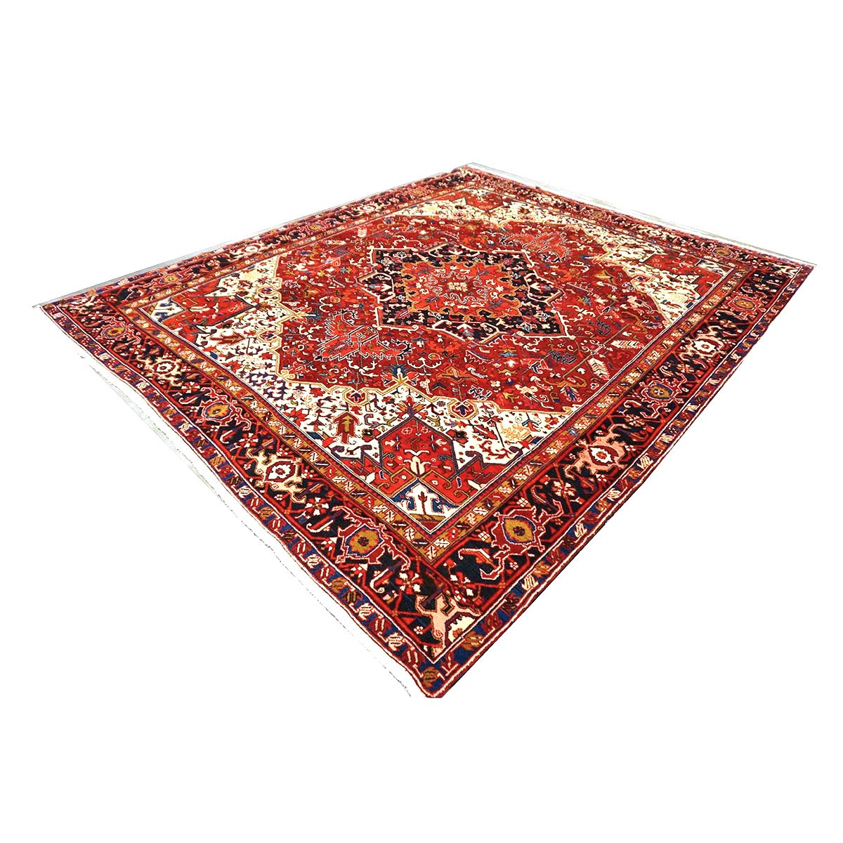 Vintage Persian Heriz Wool 10x12 Red, Ivory & Navy Handmade Area Rug #9901146
