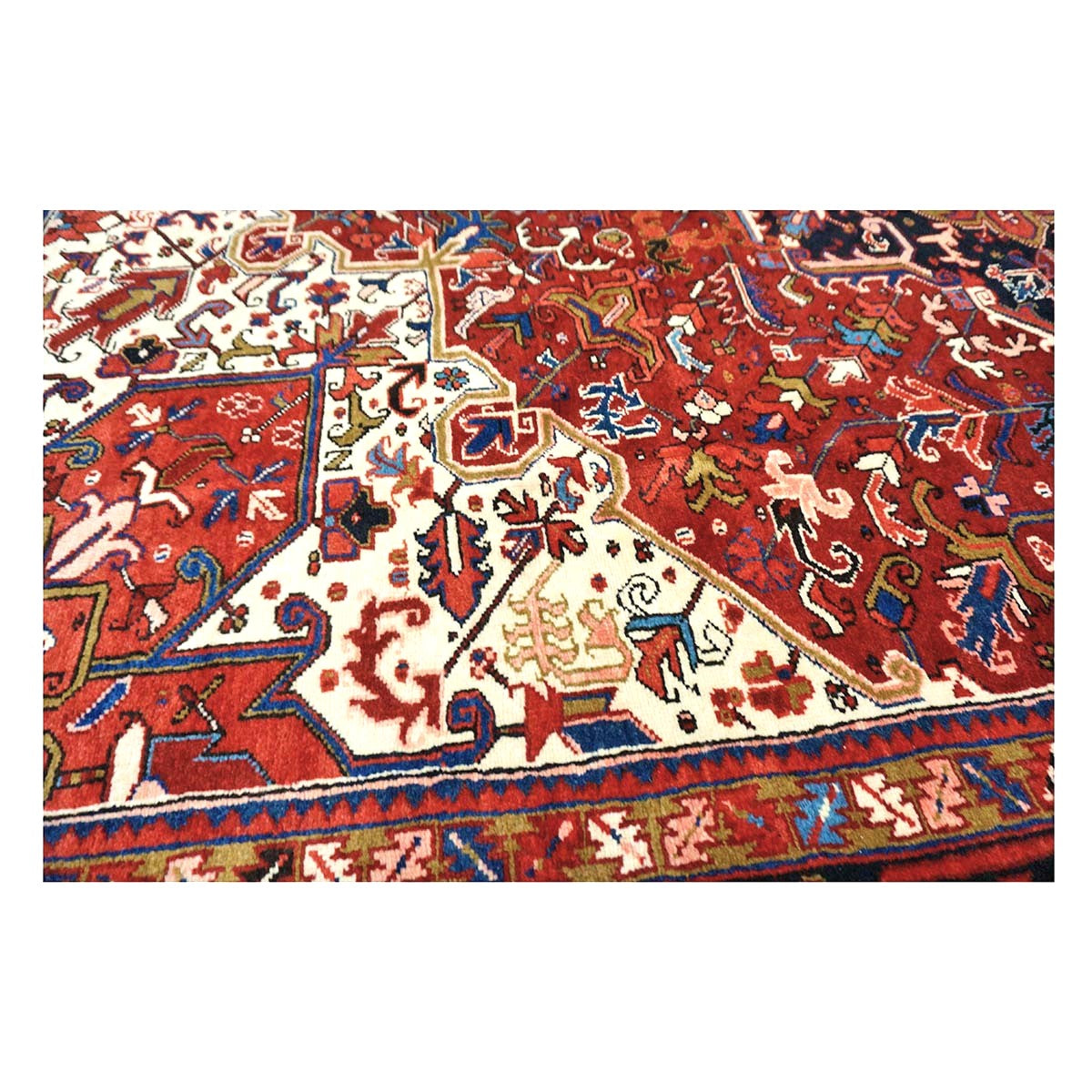 Vintage Persian Heriz Wool 10x12 Red, Ivory & Navy Handmade Area Rug #9901146