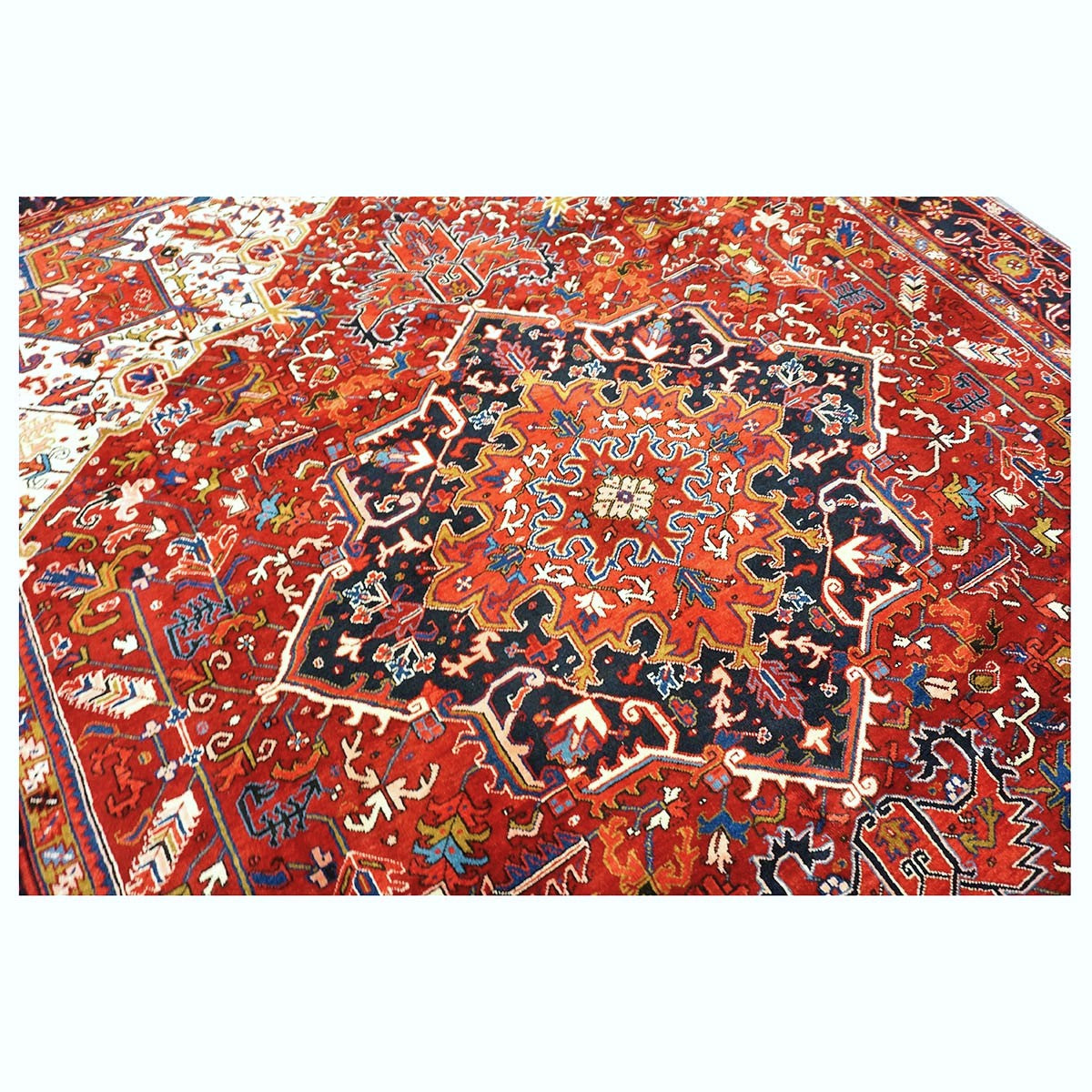 Vintage Persian Heriz Wool 10x12 Red, Ivory & Navy Handmade Area Rug #9901146