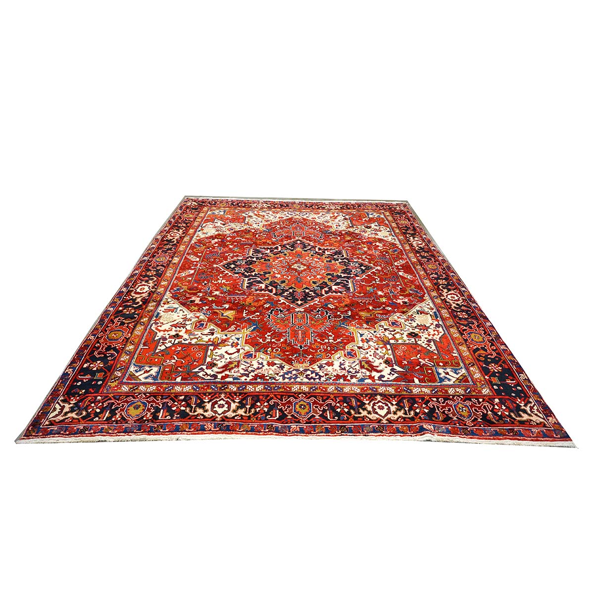 Vintage Persian Heriz Wool 10x12 Red, Ivory & Navy Handmade Area Rug #9901146
