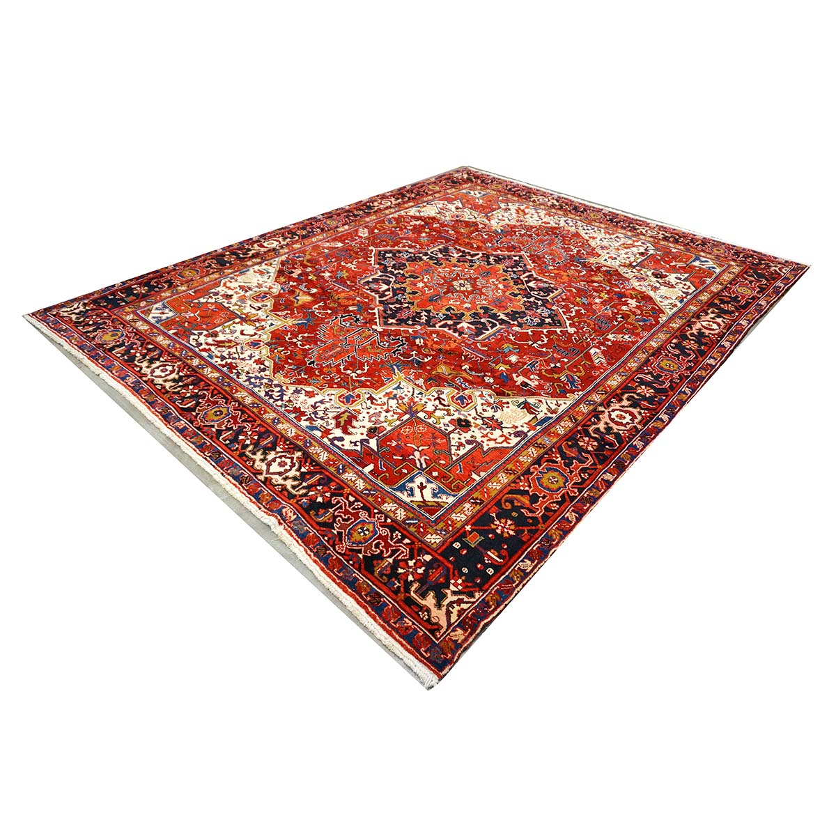 Vintage Persian Heriz Wool 10x12 Red, Ivory & Navy Handmade Area Rug #9901146