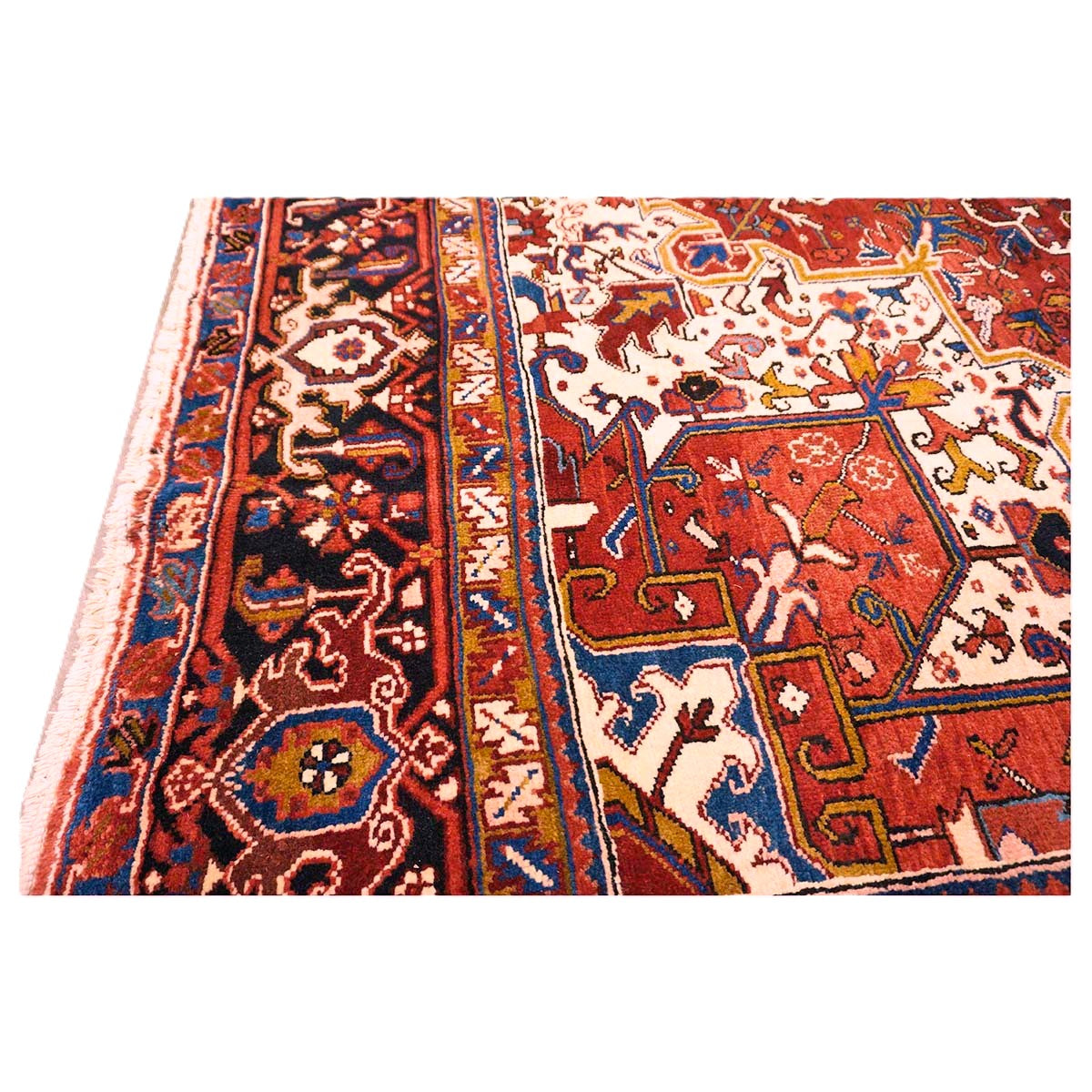 Vintage Persian Heriz Wool 10x12 Red, Ivory & Navy Handmade Area Rug #9901146