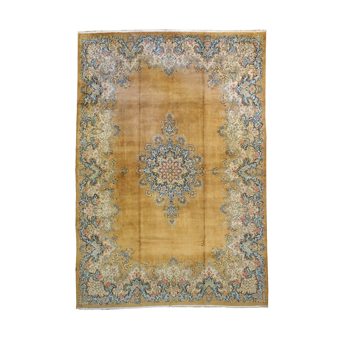 Antique Persian Kerman Wool 10X14 Gold, Blue, Pink & Ivory Handmade Area Rug #9901155