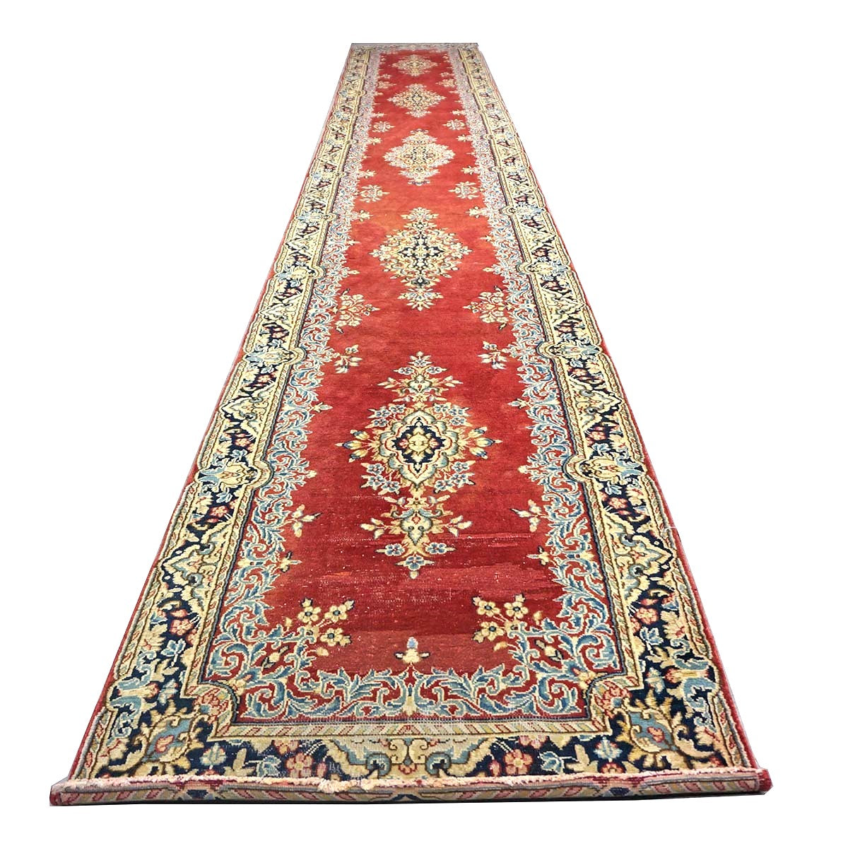 Vintage Persian Kerman Wool 3x20 Rust, Ivory & Blue Handmade Runner Rug #9901164