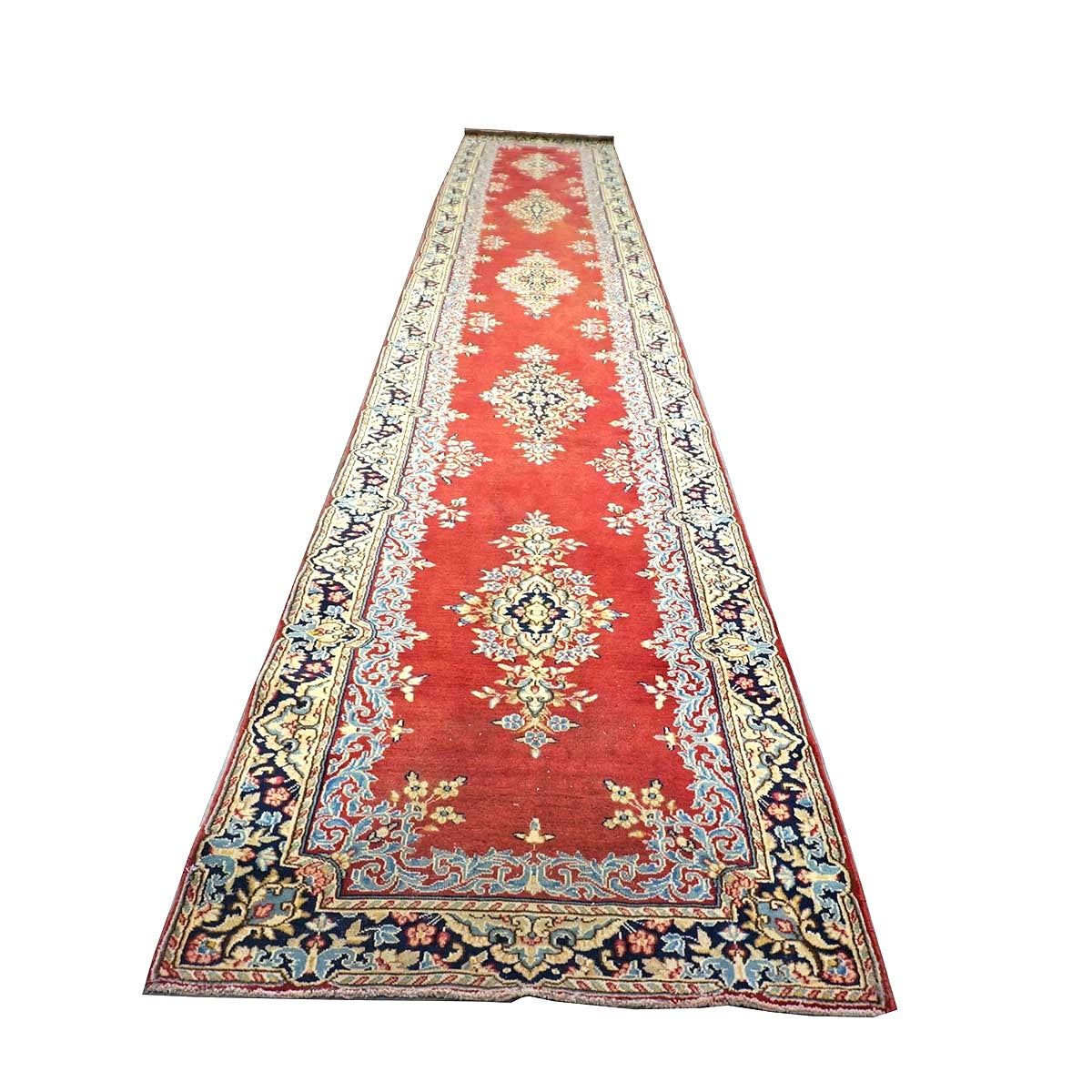 Vintage Persian Kerman Wool 3x20 Rust, Ivory & Blue Handmade Runner Rug #9901164
