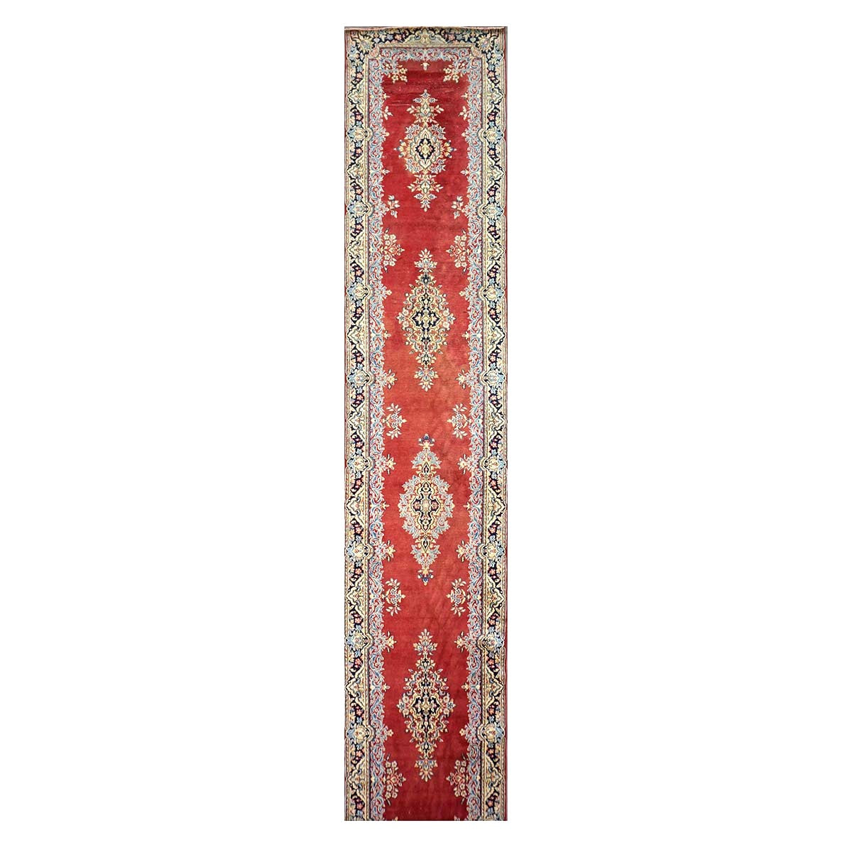 Vintage Persian Kerman Wool 3x20 Rust, Ivory & Blue Handmade Runner Rug #9901164