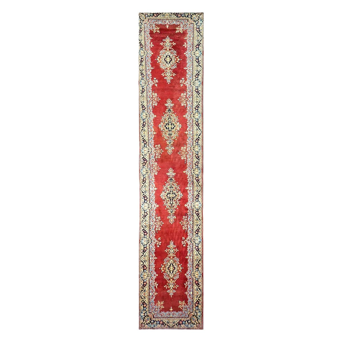 Vintage Persian Kerman Wool 3x20 Rust, Ivory & Blue Handmade Runner Rug #9901164