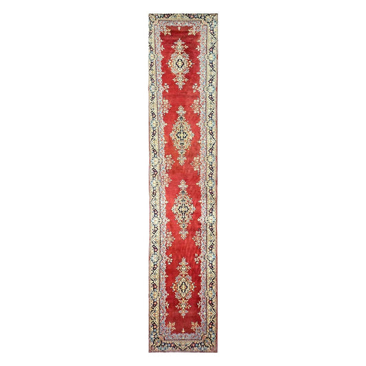 Vintage Persian Kerman Wool 3x20 Rust, Ivory & Blue Handmade Runner Rug #9901164