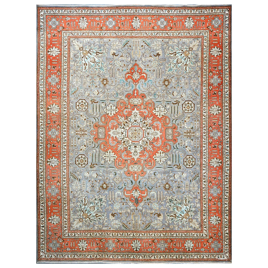 Antique Persian Tabriz Wool 10X13 Grey & Orange Handmade Area Rug #9901239