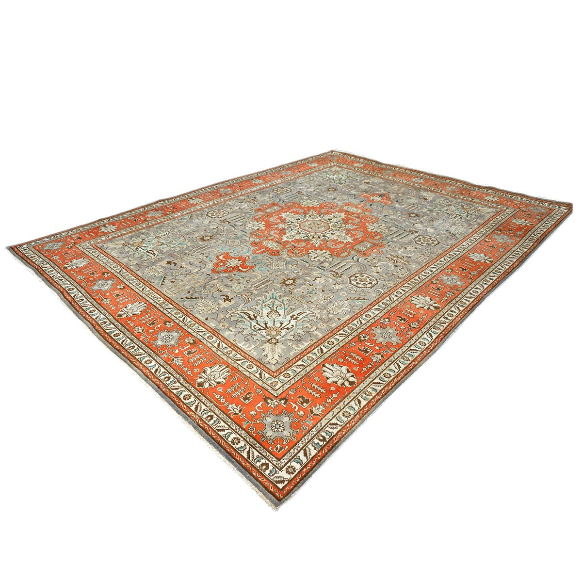 Antique Persian Tabriz Wool 10X13 Grey, Taupe & Brick Handmade Area Rug #9901239