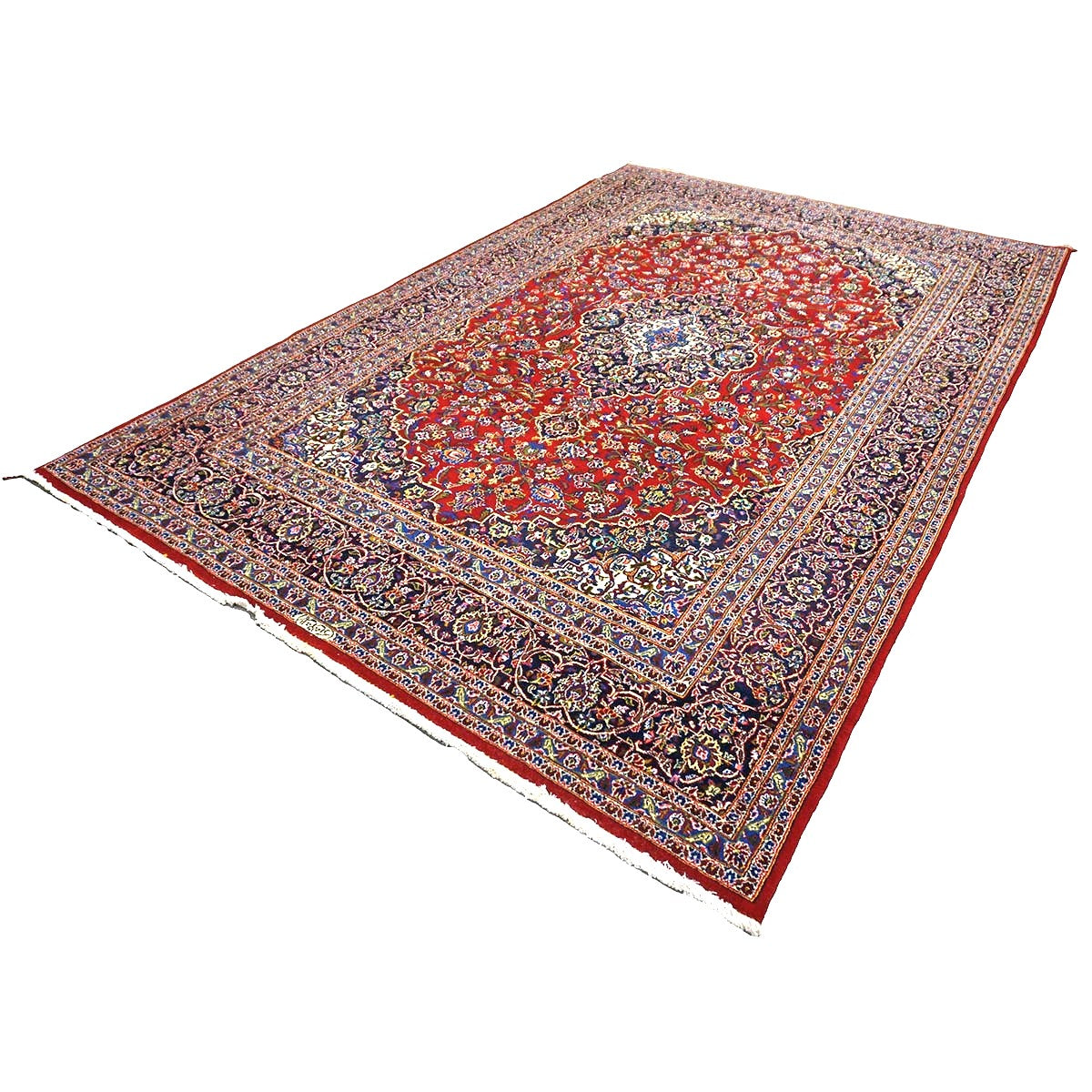 Vintage Persian Kashan Wool & Silk 7x10 Red, Ivory & Navy Handmade Area Rug #9901255
