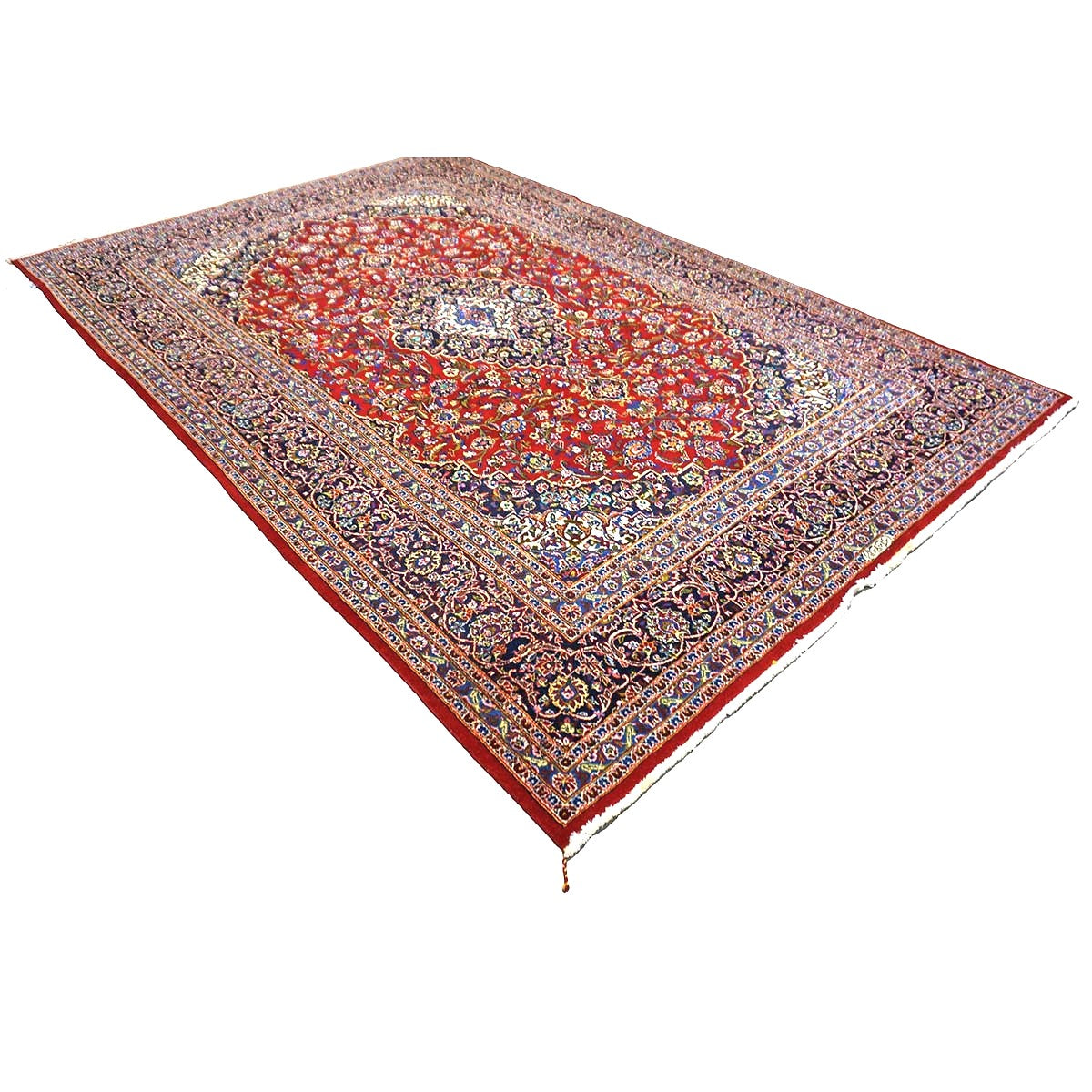 Vintage Persian Kashan Wool & Silk 7x10 Red, Ivory & Navy Handmade Area Rug #9901255