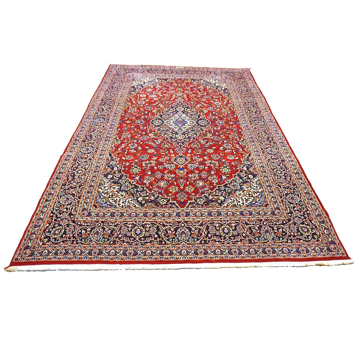 Vintage Persian Kashan Wool & Silk 7x10 Red, Ivory & Navy Handmade Area Rug #9901255