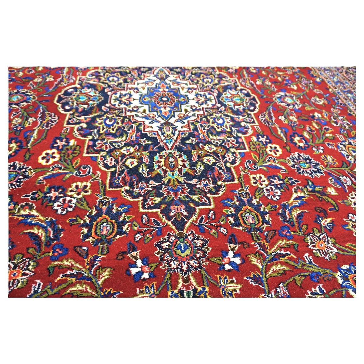 Vintage Persian Kashan Wool & Silk 7x10 Red, Ivory & Navy Handmade Area Rug #9901255