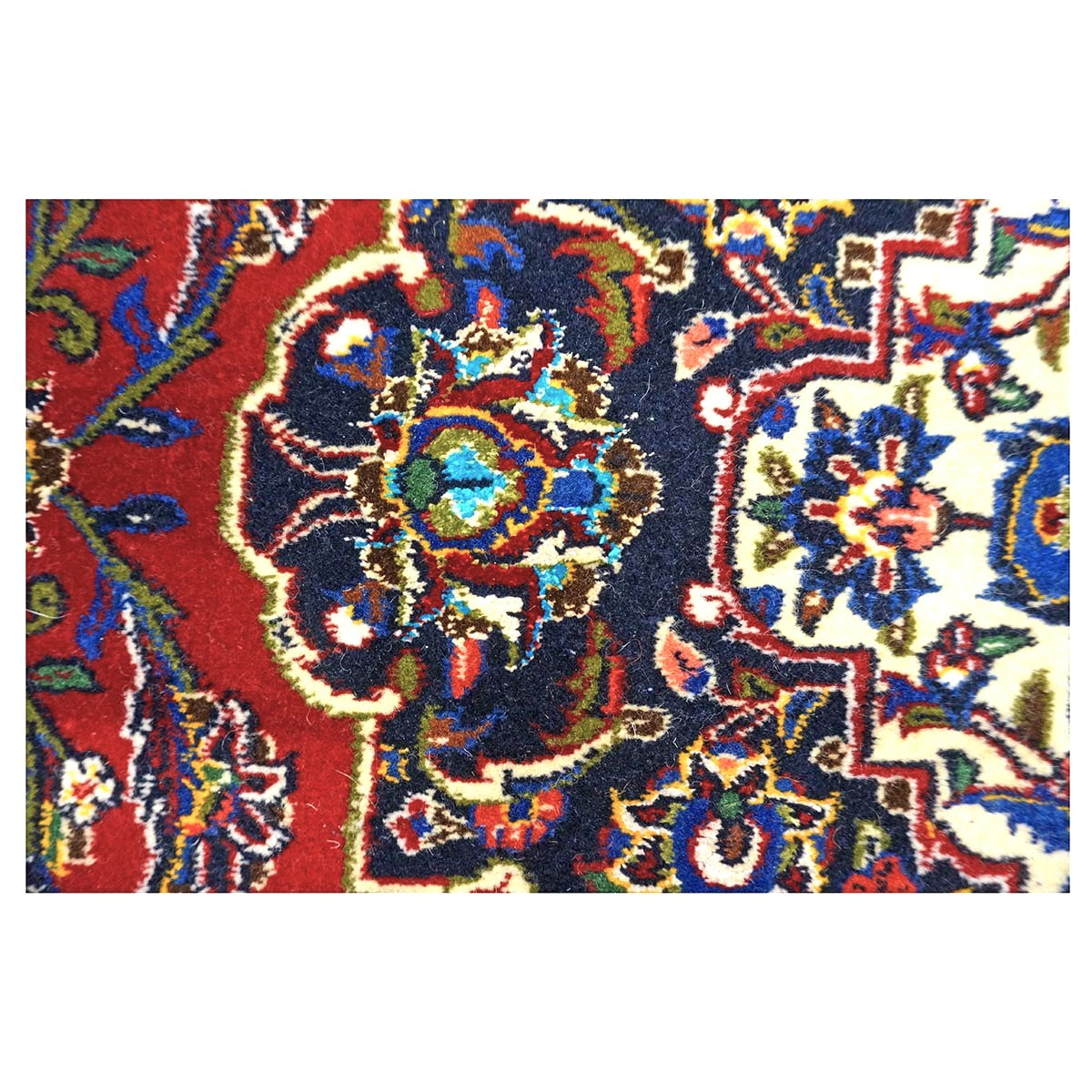 Vintage Persian Kashan Wool & Silk 7x10 Red, Ivory & Navy Handmade Area Rug #9901255
