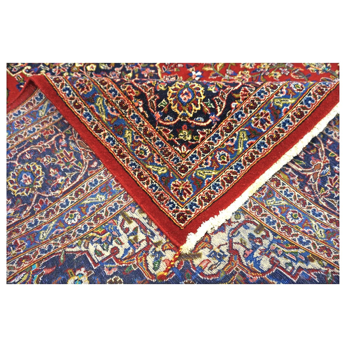 Vintage Persian Kashan Wool & Silk 7x10 Red, Ivory & Navy Handmade Area Rug #9901255