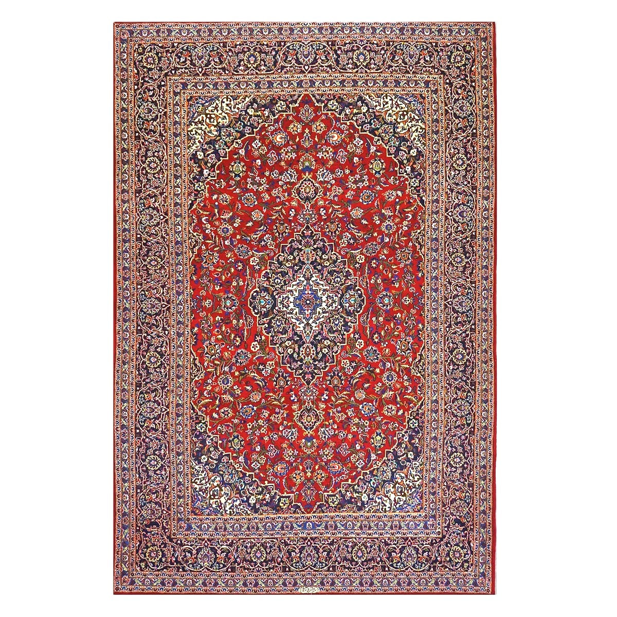 Vintage Persian Kashan Wool & Silk 7x10 Red, Ivory & Navy Handmade Area Rug #9901255