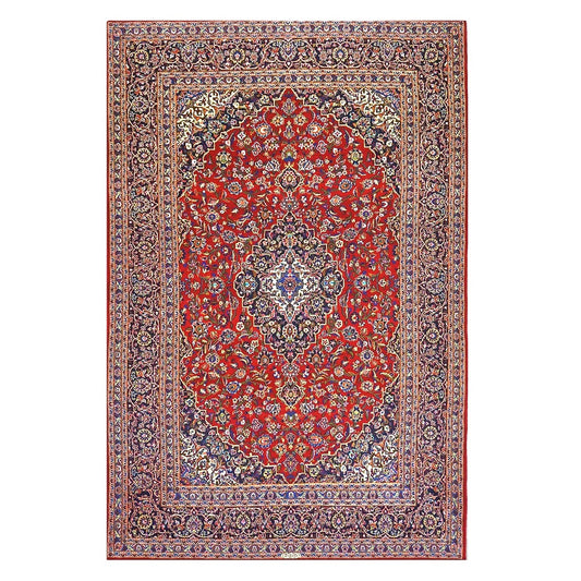 Vintage Persian Kashan Wool & Silk 7x10 Red, Ivory & Navy Handmade Area Rug #9901255