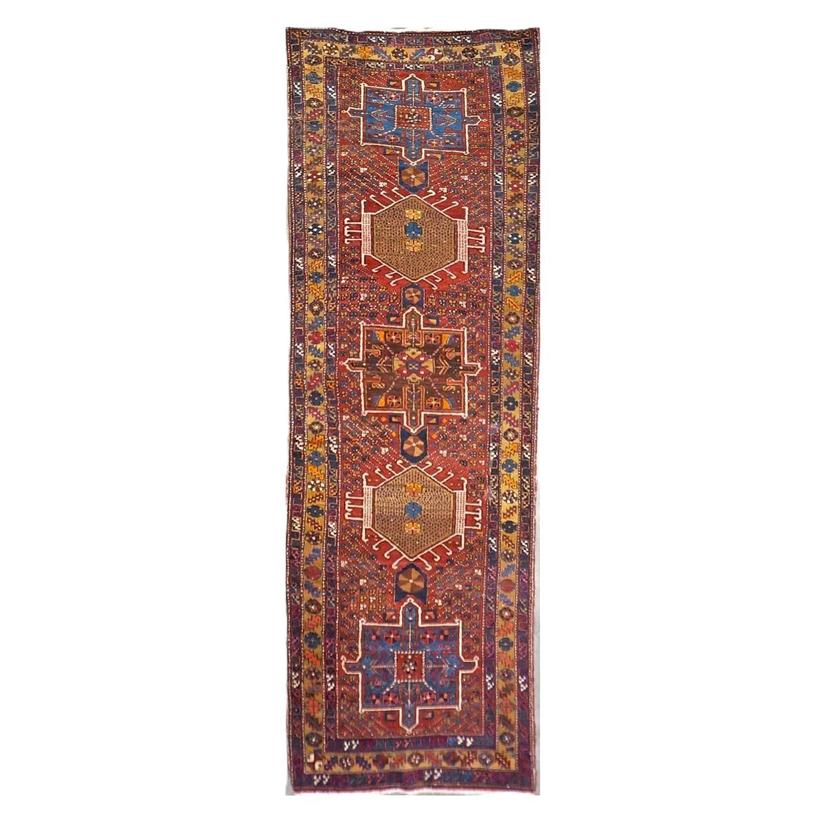 Antique Persian Karajeh Wool 4x11 Red, Navy & Camel Handmade Gallery Rug #9901263