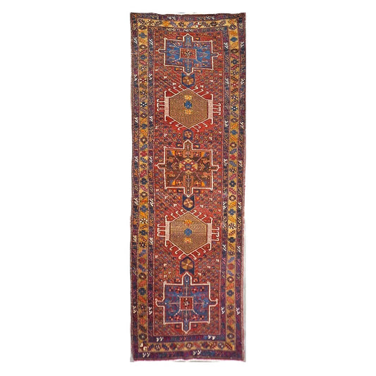 Antique Persian Karajeh Wool 4x11 Red, Navy & Camel Handmade Gallery Rug #9901263