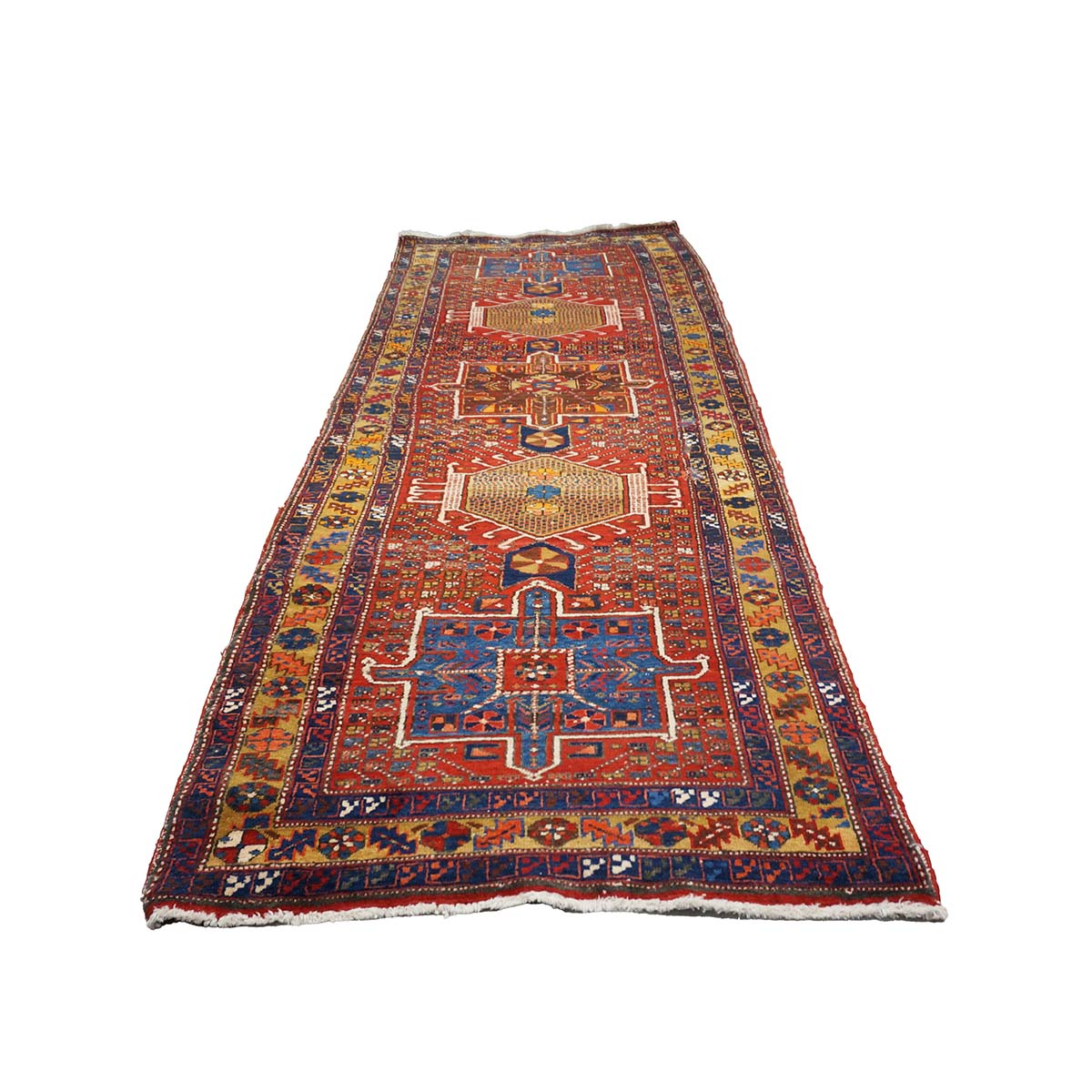 Antique Persian Karajeh Wool 4x11 Red, Navy & Camel Handmade Gallery Rug #9901263