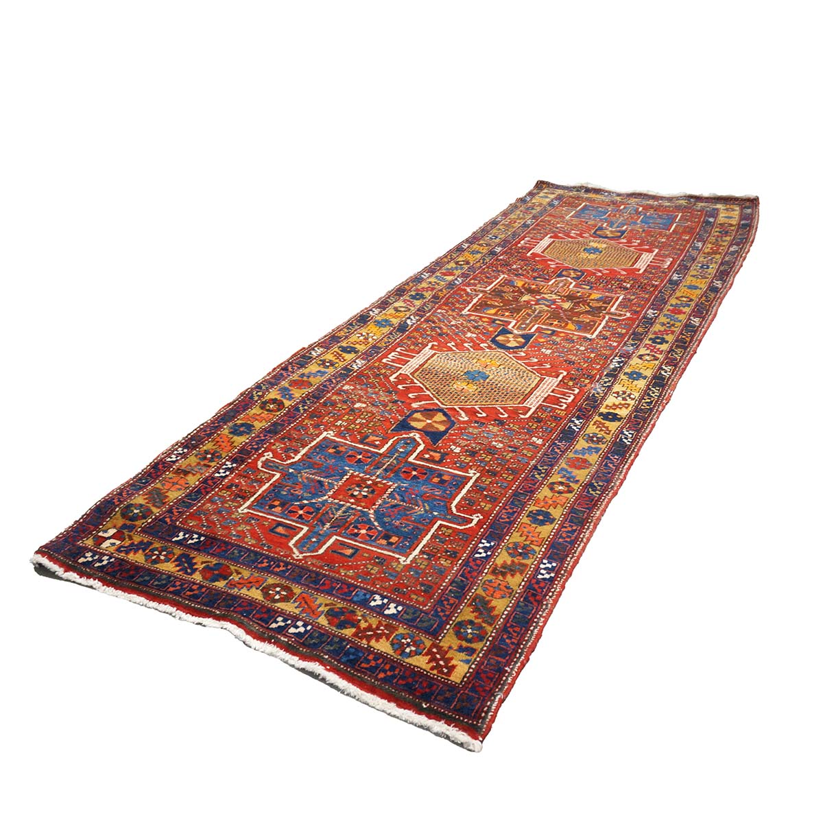 Antique Persian Karajeh Wool 4x11 Red, Navy & Camel Handmade Gallery Rug #9901263