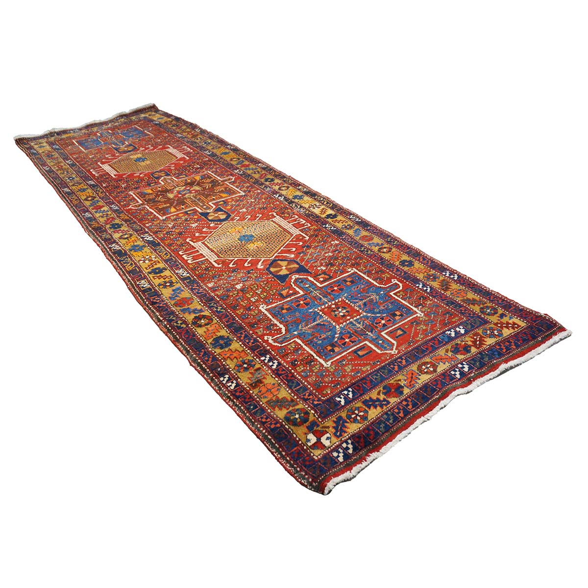 Antique Persian Karajeh Wool 4x11 Red, Navy & Camel Handmade Gallery Rug #9901263