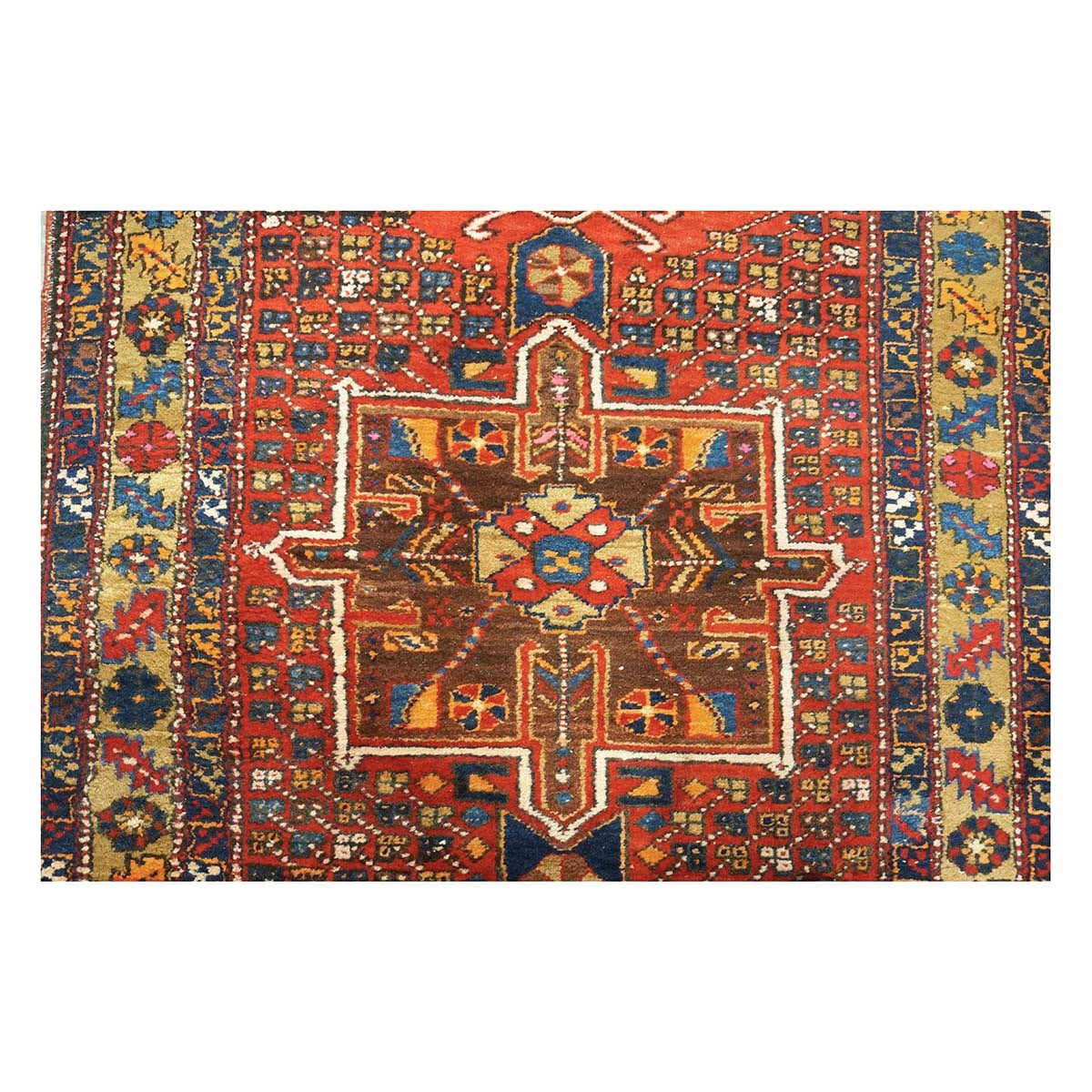 Antique Persian Karajeh Wool 4x11 Red, Navy & Camel Handmade Gallery Rug #9901263