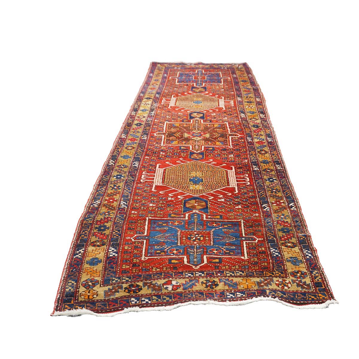 Antique Persian Karajeh Wool 4x11 Red, Navy & Camel Handmade Gallery Rug #9901263