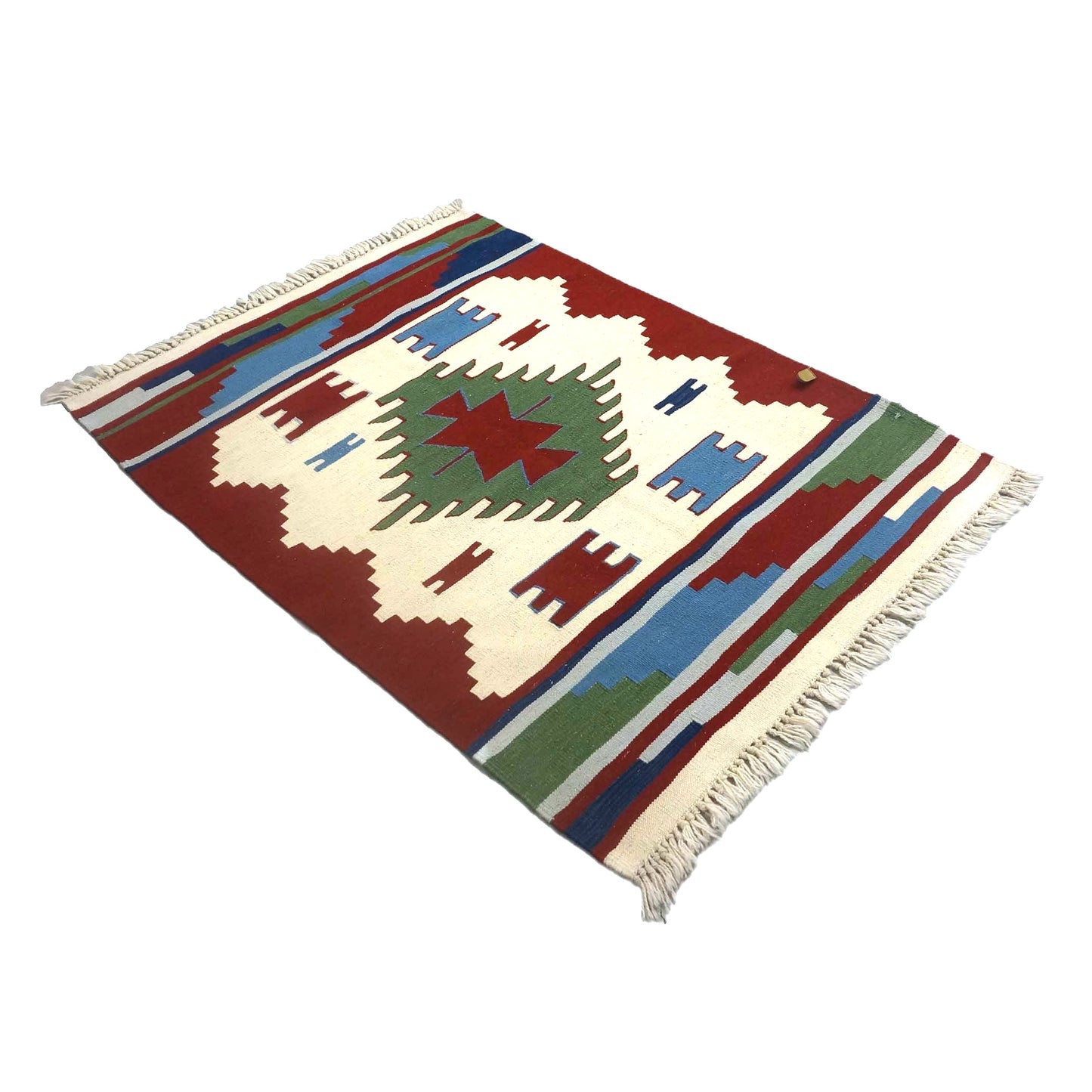 Turkish Kilim Wool 3x4 Ivory & Red Handmade Throw Rug # 9901277