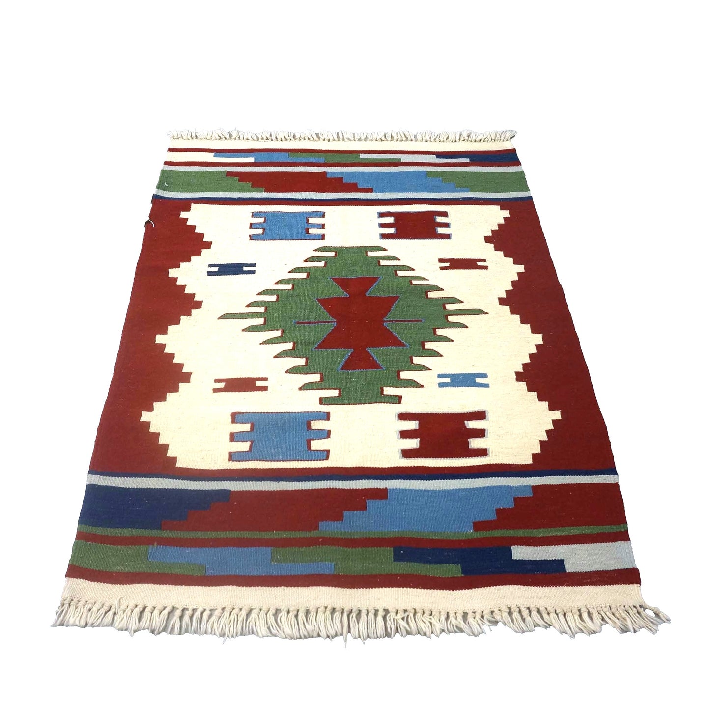Turkish Kilim Wool 3x4 Ivory & Red Handmade Throw Rug # 9901277